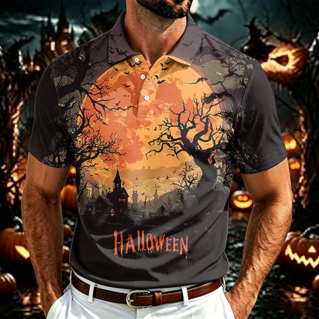 Men's Halloween Print Polo Shirt Lightweight Breathable Mesh Short Sleeve Collared Shirt Casual Summer Top