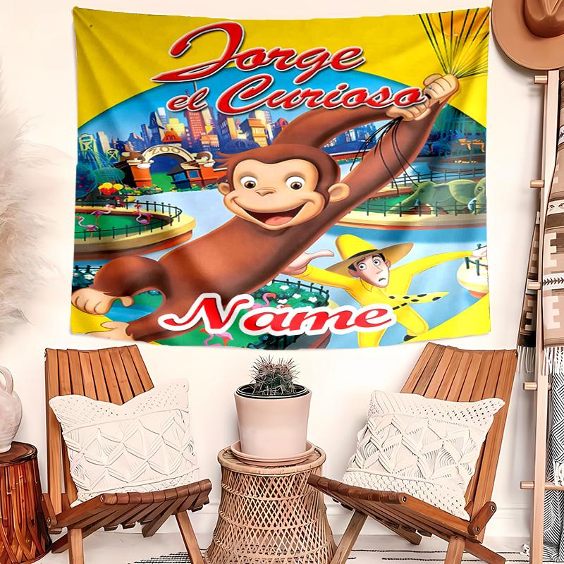 Personalized Curious George Background Tapestry,Custom Name Birthday Party,Multifunctional Wall Decoration for Home Decor,Various Occasions