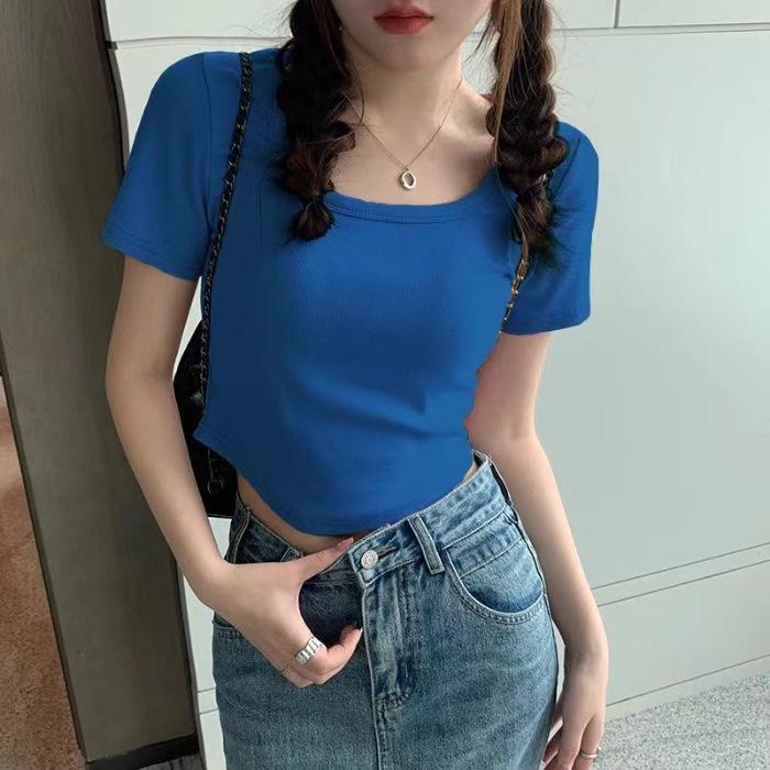 Women's Slim Fit Square Neck Short-Sleeve Tee - Summer Thin, Figure-Flattering, Pure Style, Plain Color Trendy Top