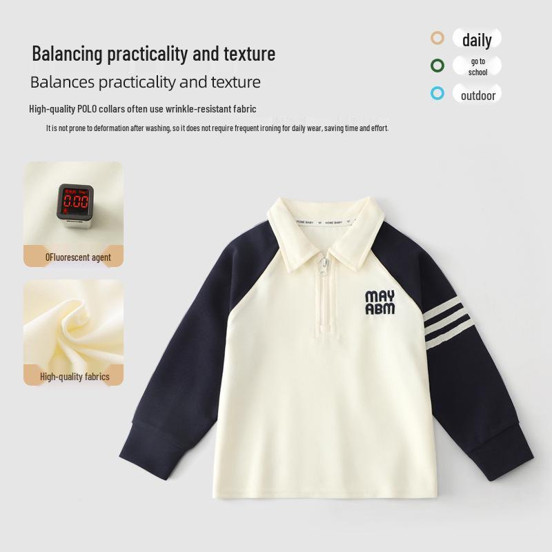 2026 Back to School Boys' Long Sleeve Polo Shirt - Children's Lapel Patchwork Top for Spring