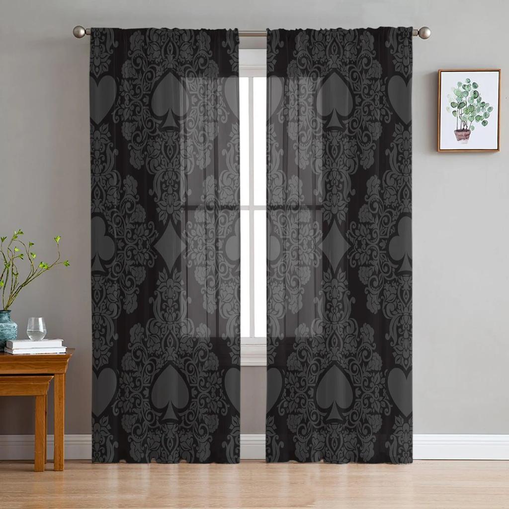 Black Poker Flowers Tulle Curtains Elegant Sheer Drapes for Bedroom Living Room Kitchen Decor