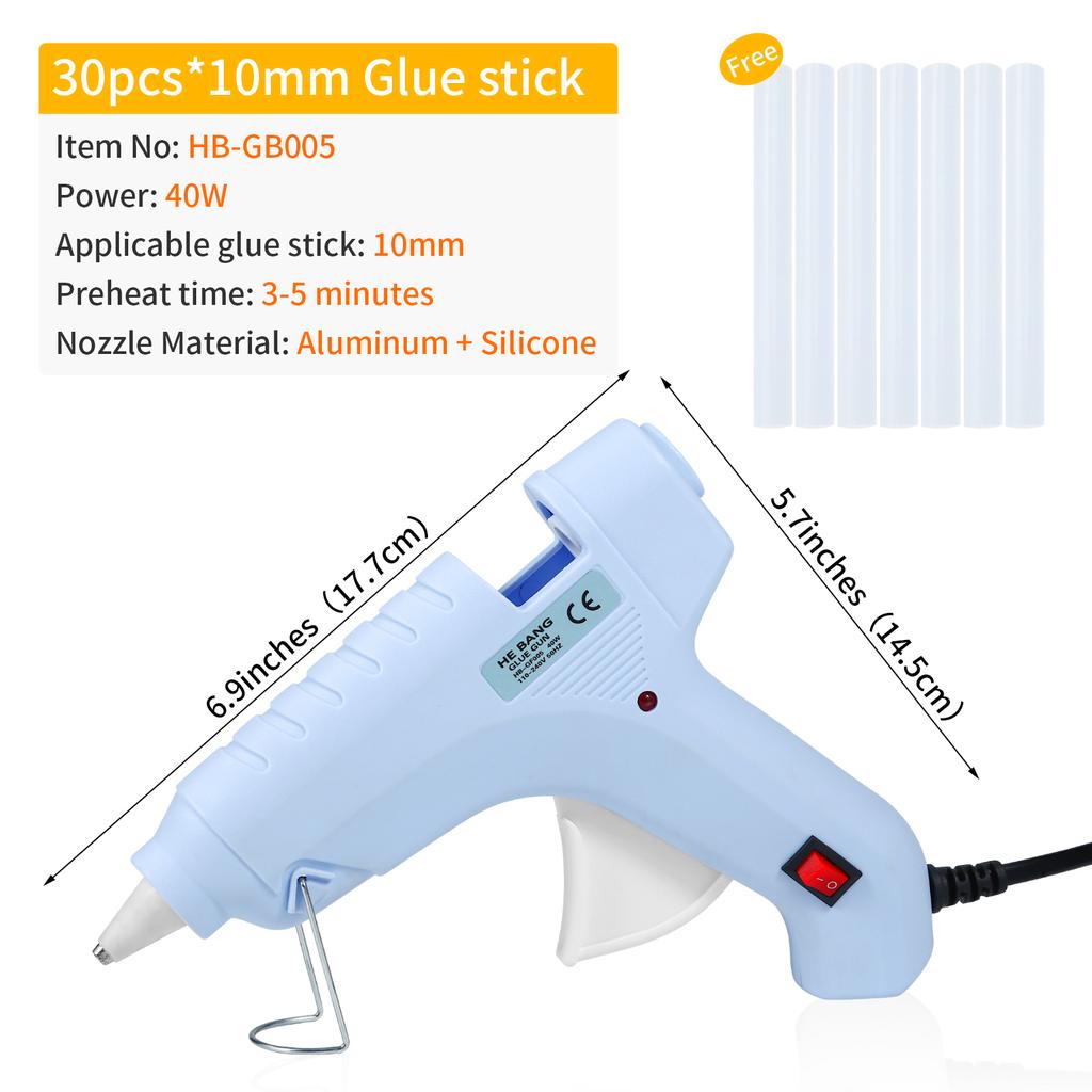 40W Blue Full Size Hot Melt Glue Gun, 11mm Sticks for Crafts