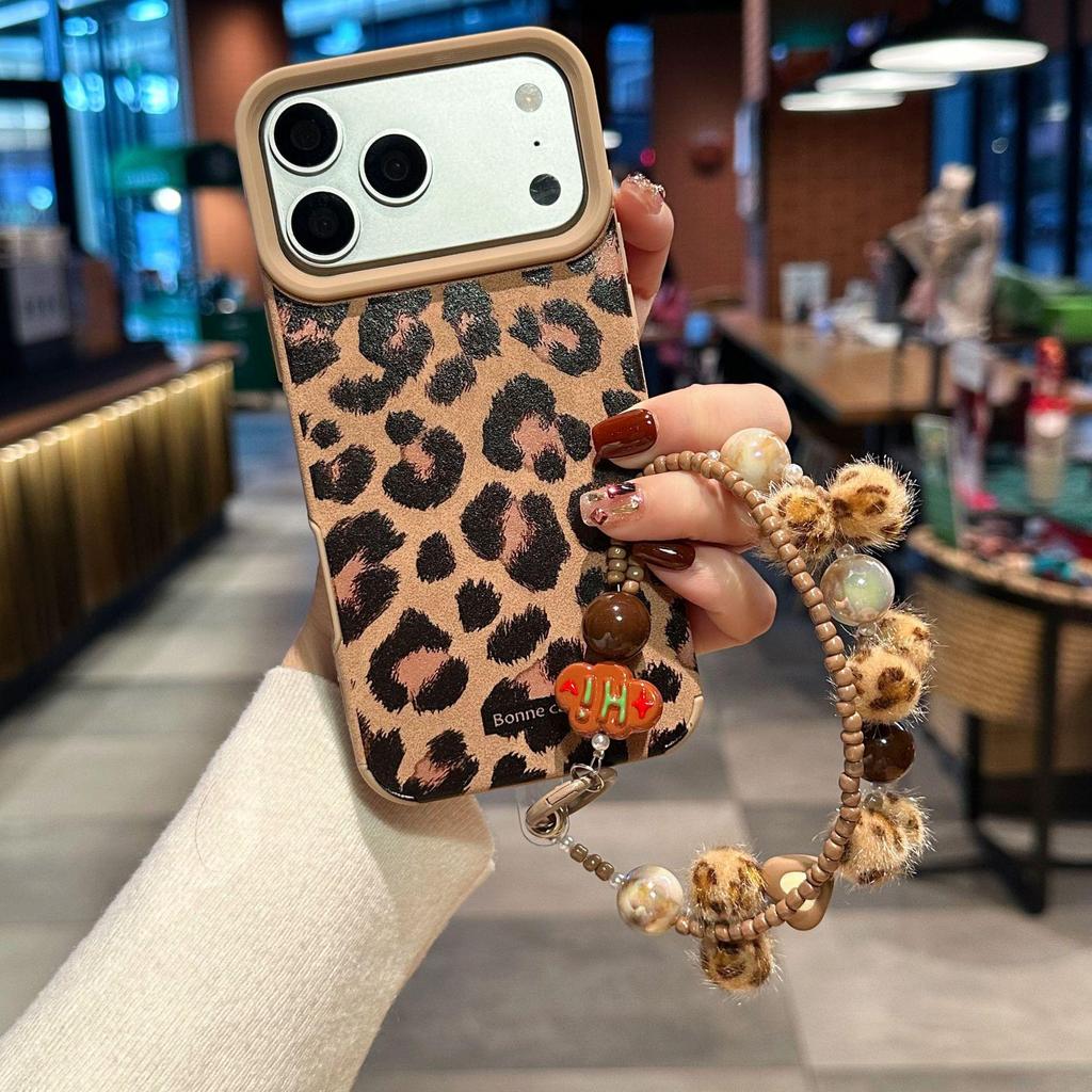 Suede Leopard Print Phone Case with Lanyard for Apple 17PROMAX/16/12/11.