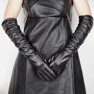 Winterhandschuhe für Damen, PU-Leder, plissierte Florärmel, Touchscreen-Handschuhe, sexy Seidenfutter, 50 cm lang, voller Finger, warmer Fahrfäustling