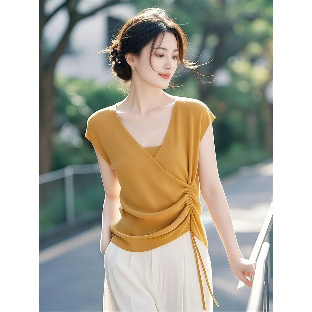 Ice Silk Short-sleeved T-shirt Women's New Summer Hot Style Beautiful Drawstring Knit Top