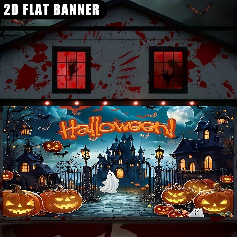 1 piece of 2D flat banner a Halloween banner poster with a horror castle design and a pumpkin monster theme.PMJ