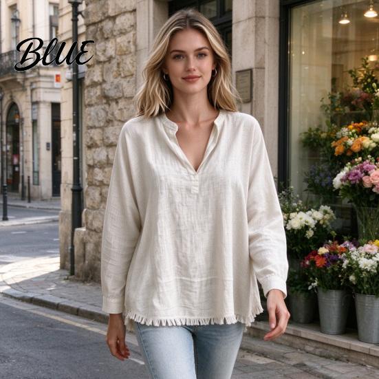 Layered Blouse Women Loose Fit V-Neck Blouse Solid Color Long Sleeve Tassel Hem Daily Wear Shirt Casual Fringe Trim Tops for Business Commuting