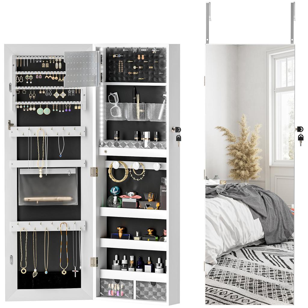 108 x 37cm Lockable Jewellery Cabinet, with LED Lights - White Surface and Black Lining