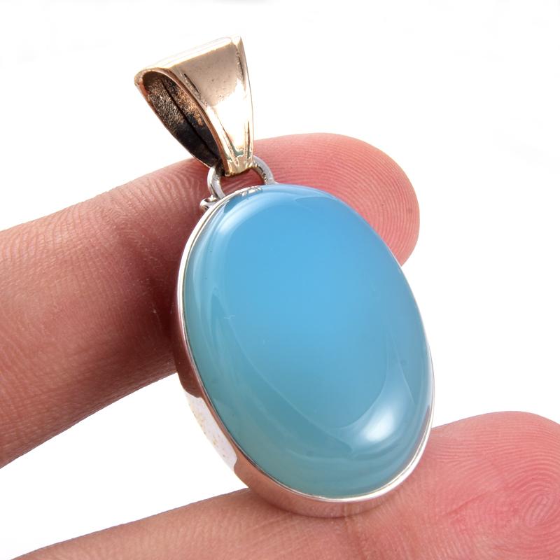 Natural Aqua Chalcedony Gemstone 925 Sterling Silver Two Tone Pendant 1.6'' T1l83