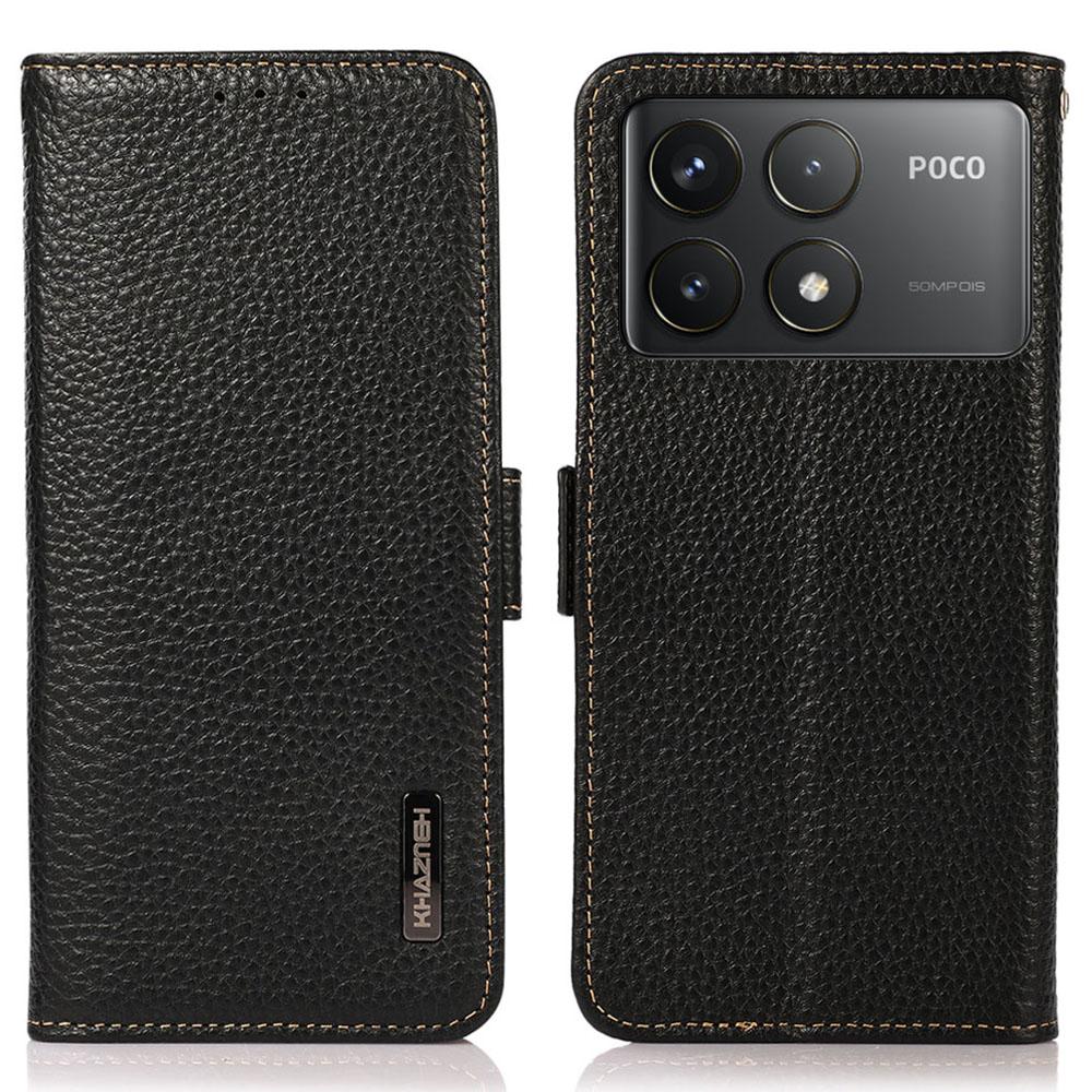 

For Xiaomi Poco F6 Pro 5G/Redmi K70 5G/K70 Pro 5G Case RFID Blocking Genuine Cow Leather Cover Lychee Pattern Black