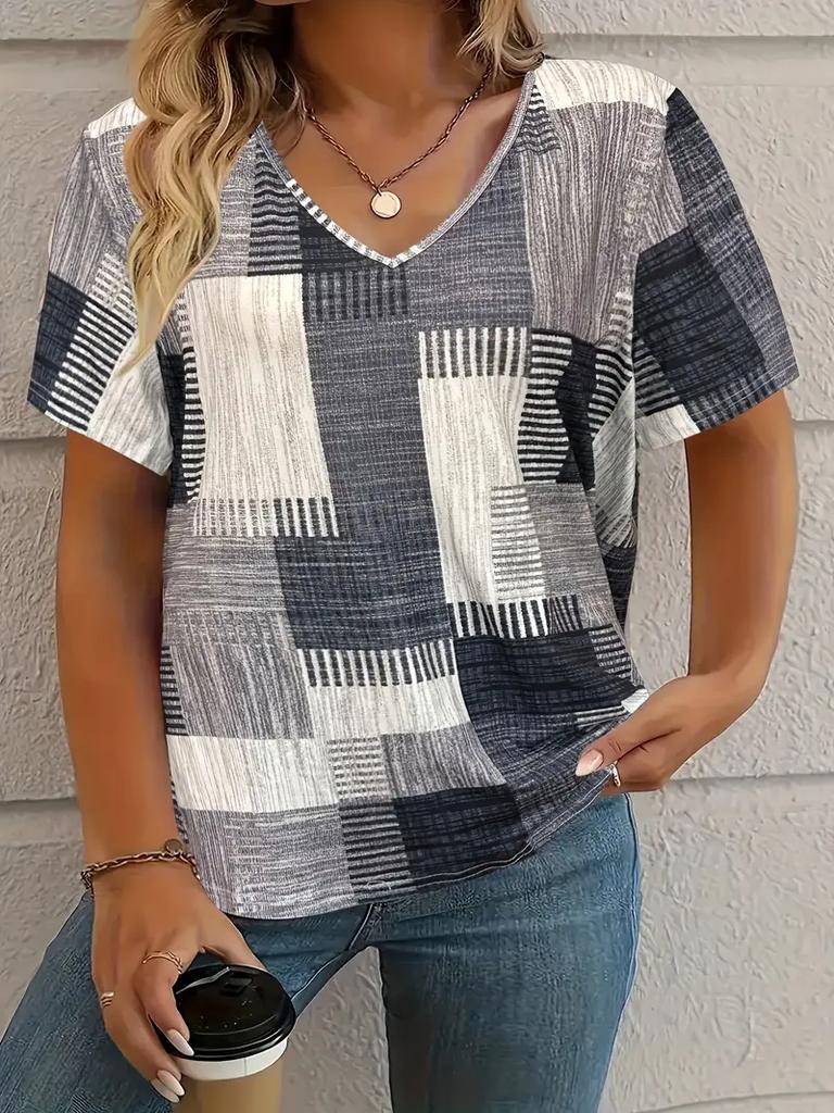Sommer Kariertes Damen V-Ausschnitt T-Shirt Outdoor Lässig Kurzarm Tops Kariert Bedruckt Trendy Peplum Übergröße Damenbekleidung