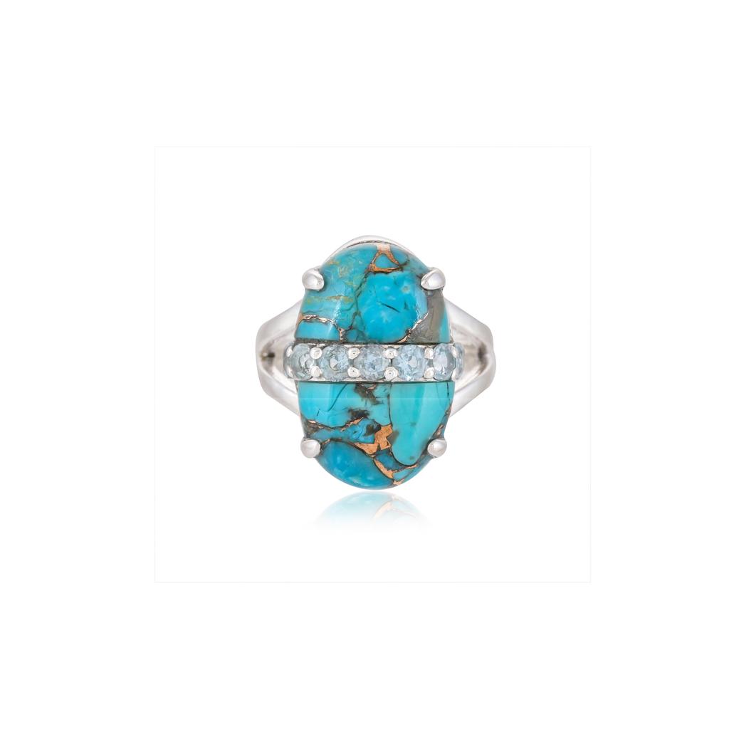 Unique Women's 925 Sterling Silver Oval Gemstone Statement Ring – Mojave Turquoise, Green Onyx or Rose Quartz with Faceted Accent Stones
