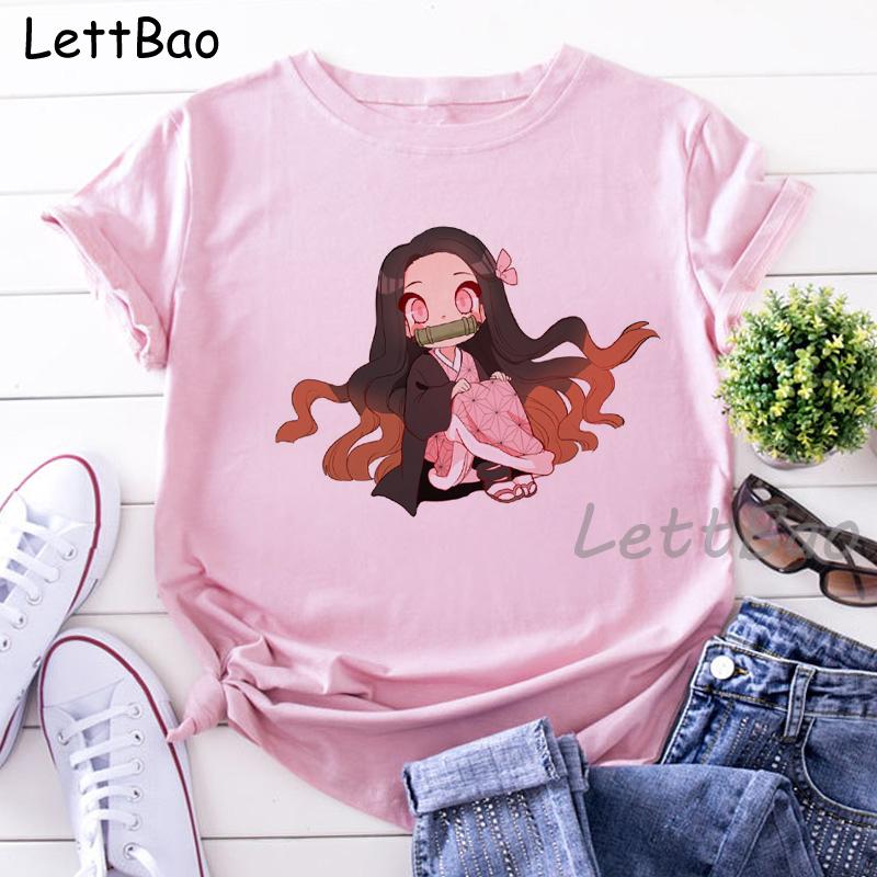 Nezuko Kimetsu No Yaiba Funny Graphic Pink T Shirts Women Vintage Anime Print Tee Shirt 90S