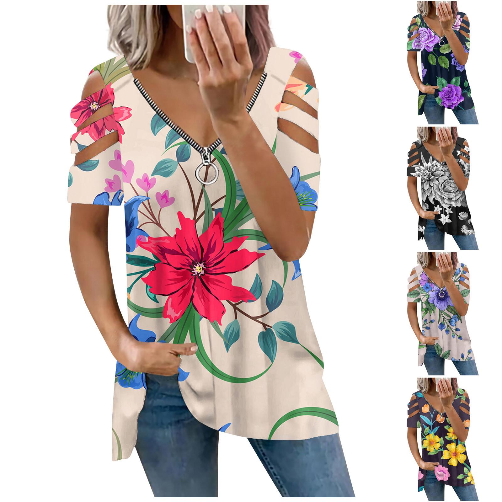 

Модная женская свободная повседневная футболка с коротким рукавом и v-образным вырезом на молнии с принтом