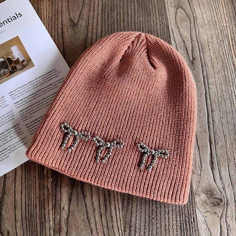 Fashion Color Solid Bow Decoration Women Casual Knitted Hat Autumn Winter And