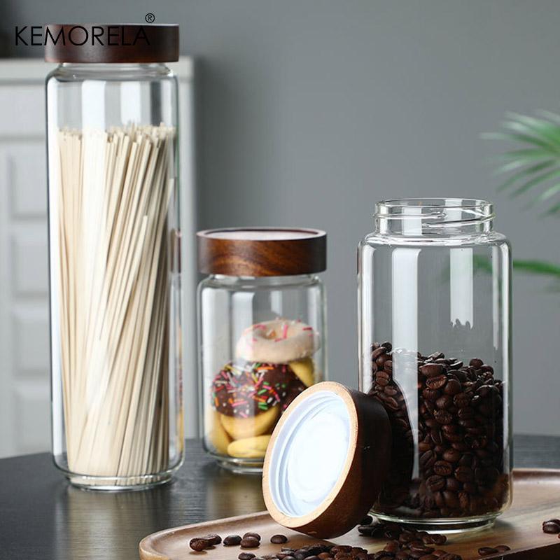 Domácí skleněné uzavíratelné dózy Dřevěné víčko Láhev Nádoby na potraviny Kávová zrna Čajová nádoba Kuchyňský organizér Dávkovač obilí