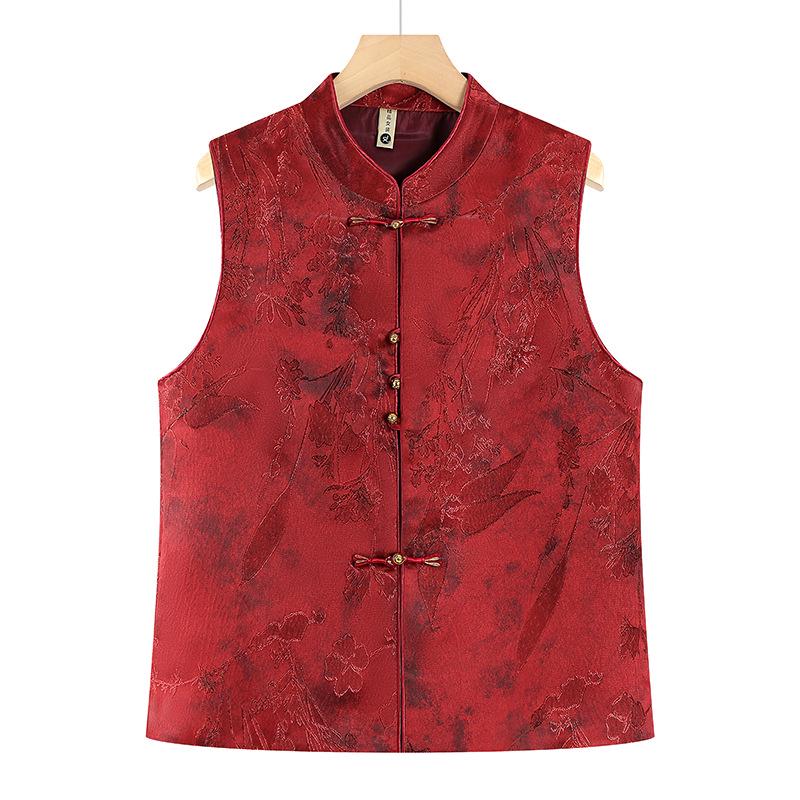 

2026 Mid-Aged & Elderly Women s Red-Green Floral Sleeveless Chinese Style Vest - Plus Size for Spring/Autumn XL (85-105 jin) красный