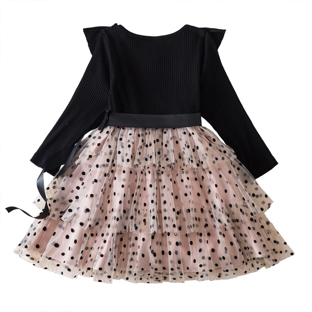 Dívčí Móda Roztomilé Šaty Princezny s Mašlí s Dlouhým Rukávem Puntíkované Síťované Dortové Šaty Šaty