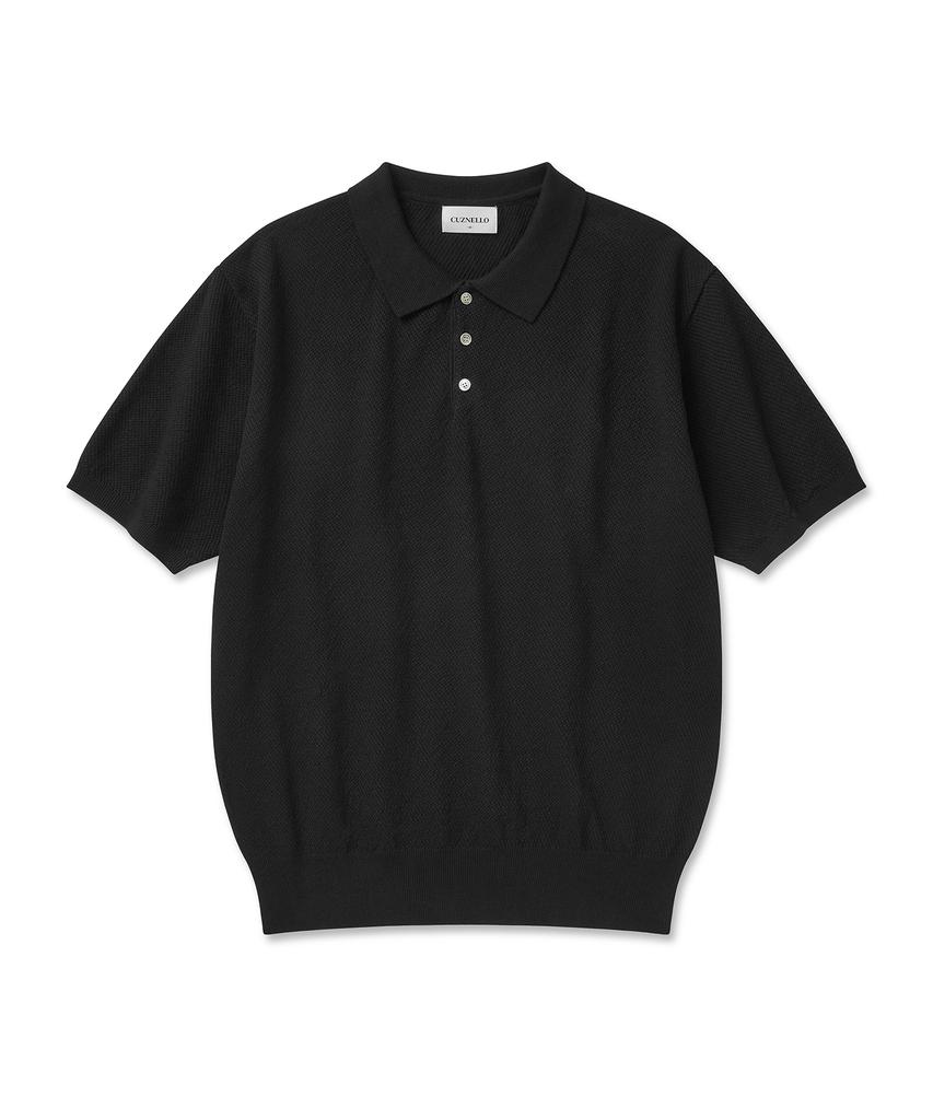 CUZNELLO Cool Cotton Collared Short Sleeve Knit_Black