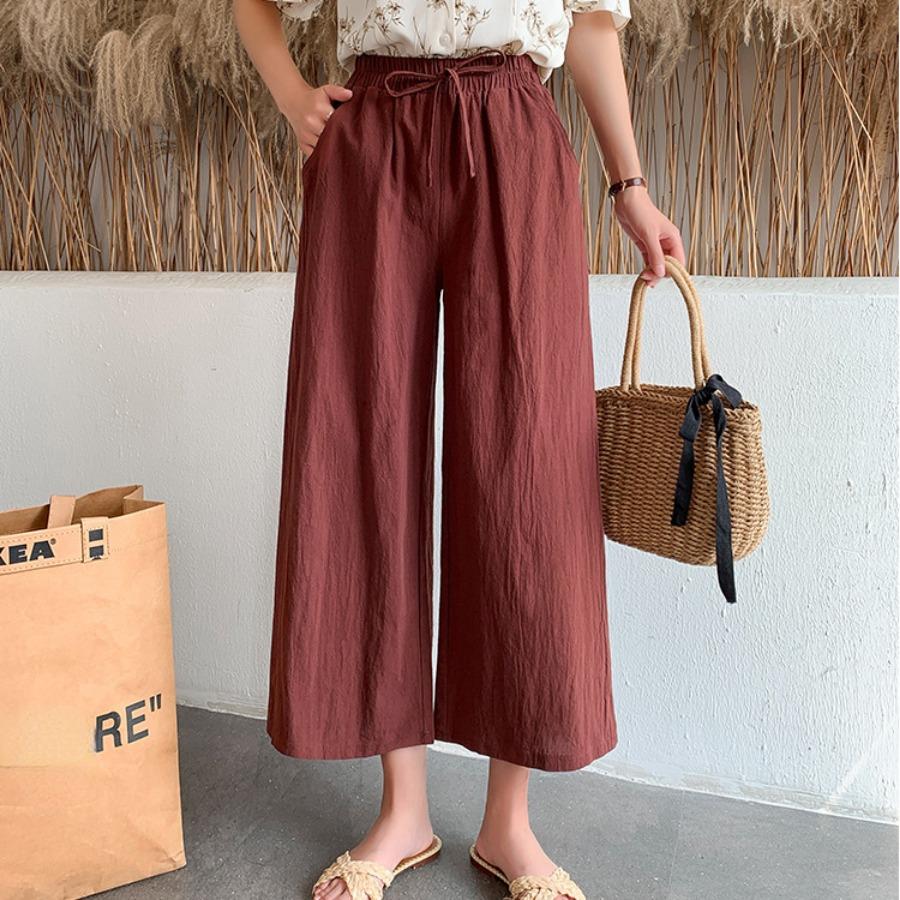Women Summer Autumn Cotton Linen Pants High Waist Solid Color Wide Leg Cropped Pants