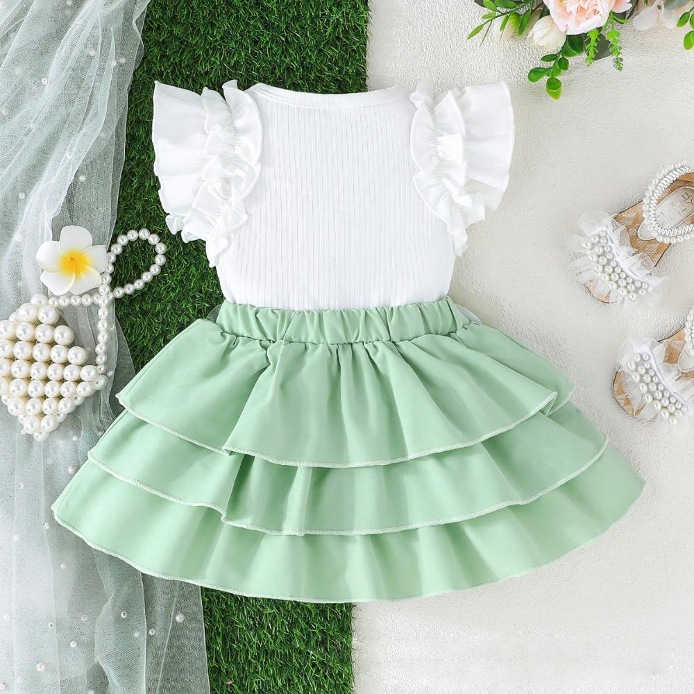 6M-3Y Baby Girl Summer Suit Baby Girl Short-sleeved Top + Mesh Flowers Layered Cake Skirt Girls Bustier Skirt