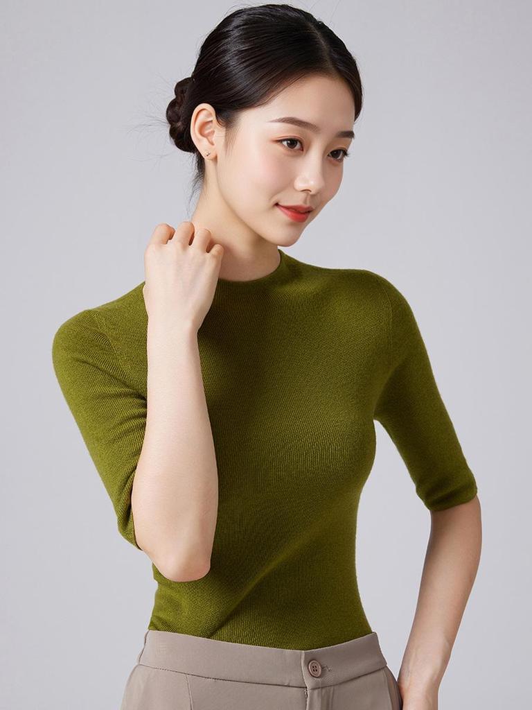 Pure Wool Women's Mid-Sleeve Autumn Sweater: Slimming Half-High Collar Bodycon Knitted T-shirt