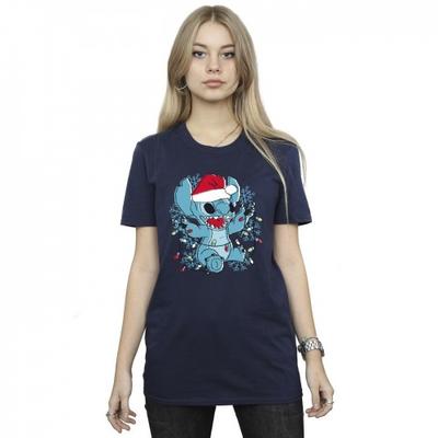 Womens/Ladies Lilo And Stitch Christmas Lights Sketch Cotton Boyfriend T-Shirt