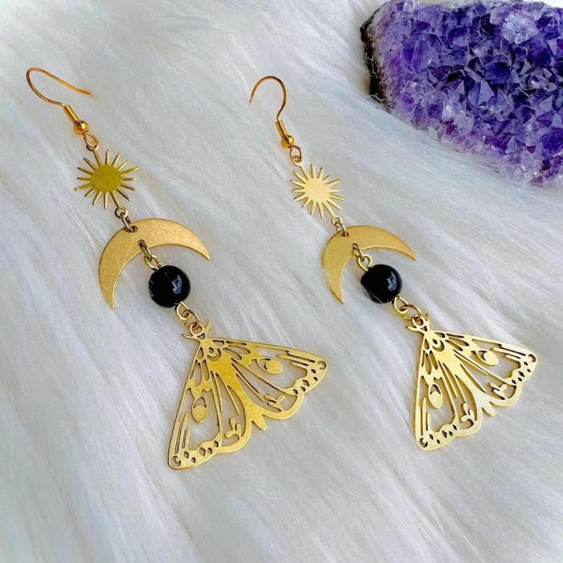 Golden Moth Moon Pendant Earrings with Black Jade & Crystal Butterfly Design