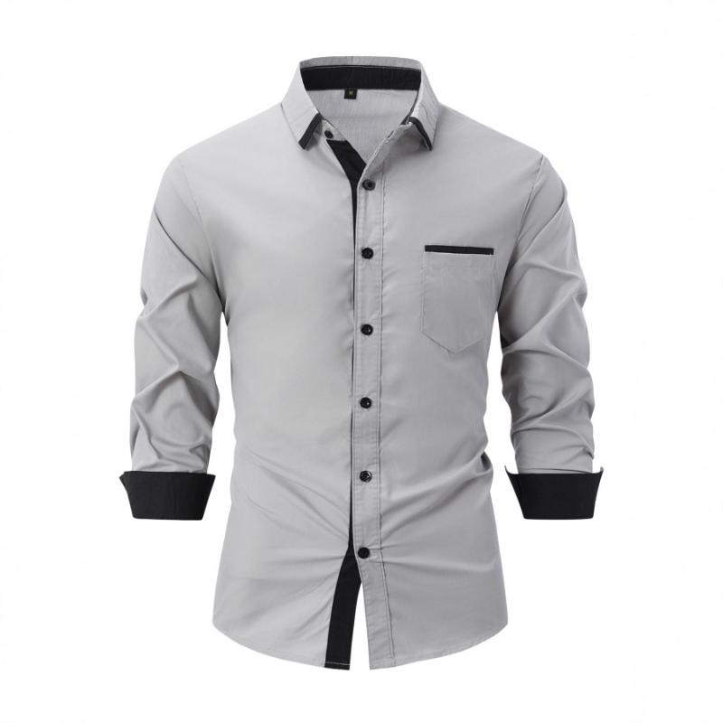 Men Contrast Black Trim Pocket Full Button Long Sleeve White Dress Shirt