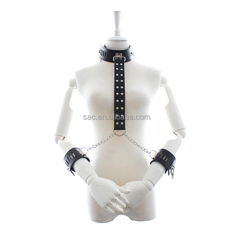 SacKnove Flirt SM Sex Toy Neck Back Restraint Bedroom Lockable Key Chain Bondage Gear Adjustable PU Leather Handcuffs for Woman