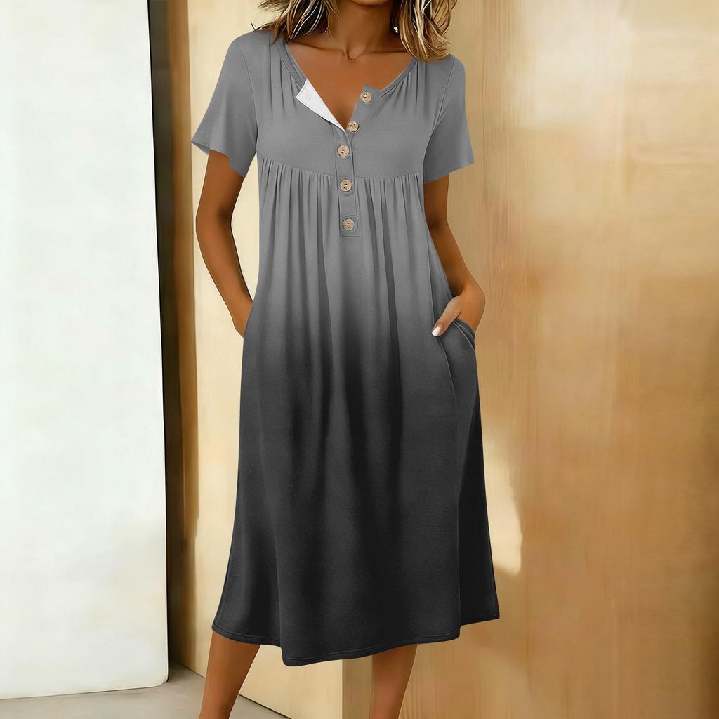 Women's Fashion Gradient Color Printed Round Neck Short Sleeve Button Neck Medium Length Casual Dress