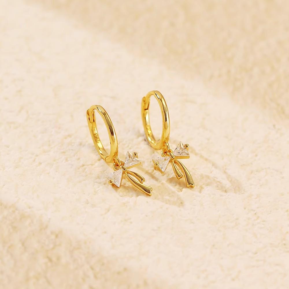 S925 Sterling Silver Zircon Crystal Bow Drop Dangle Earrings for Women Teen Girls, Trendy 18K Gold Plated Fashion Jewelry Gifts золотой