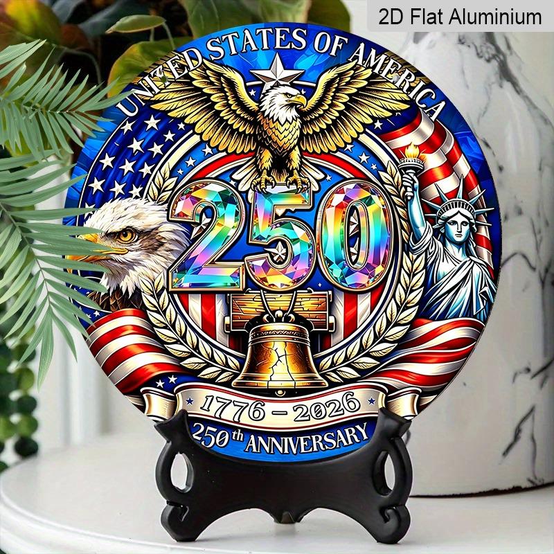 2D Flat Retro Round Aluminum Wall Hanging, 250th Independence Day Lettering Design, Indoor Outdoor Wall Decor, Commemorative Home Gift
