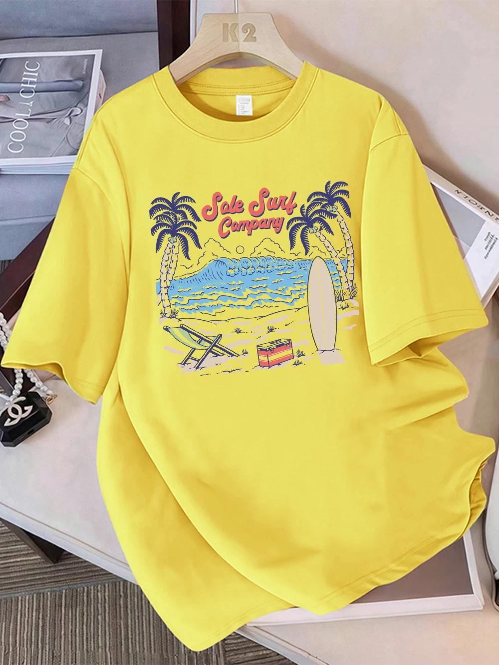 

Распродажа Футболка женская с принтами волн и кокосовых пальм от компании Surf Летняя футболка с круглым вырезом Футболка с О-образным вырезом Удобные топы Базовая женская одежда 4XL