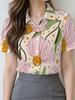 Gentle blue floral printed shirt for women, short-sleeve loose lapel design, niche vacation style top