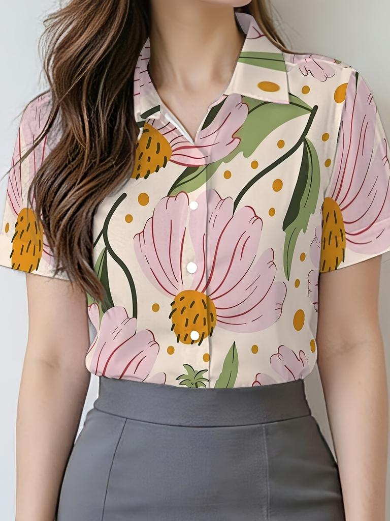 Gentle blue floral printed shirt for women, short-sleeve loose lapel design, niche vacation style top