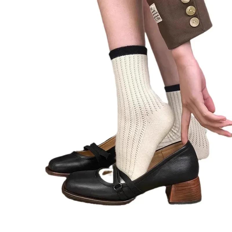 French Evening Style Loafers Versatile Women's Shoes Brown Thick Heel High Heel Shoes Small Leather Summer Season