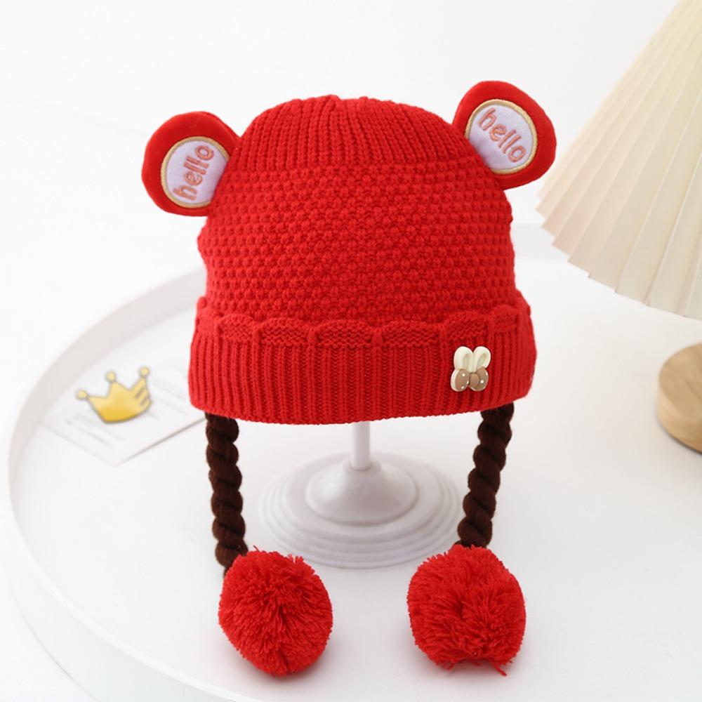 

Утолщенная вязаная шапка, теплая шапка-парик с косичками, милые шапки с ушками для малыша красный