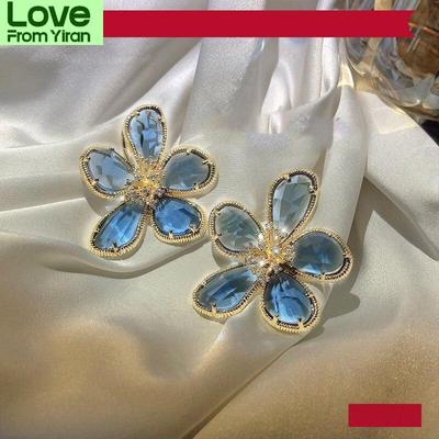 Große Kristallblumen-Ohrstecker für Frauen, farbiger Kristall, modischer Schmuck, süße Geschenke