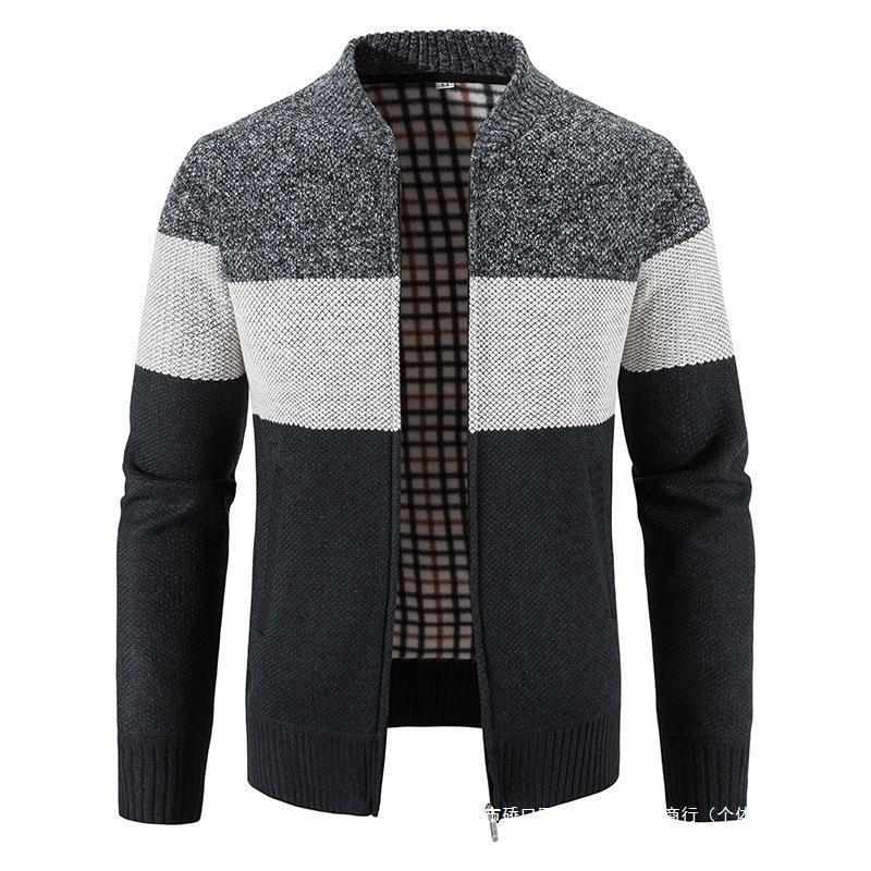 Autumn and Winter Men's Fleece Cardigan Sweater Stand Collar Zipper Knit Jacket Top