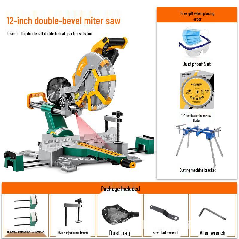 Lockes 12" Double Sliding Compound Miter Saw - High Power Aluminum Woodcutting Tool with Laser