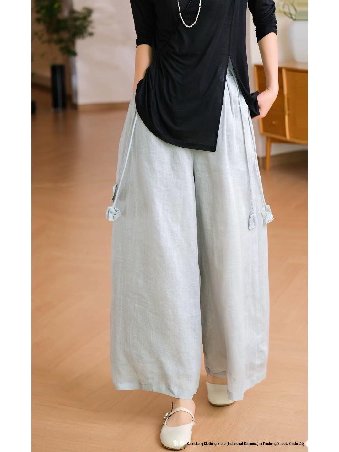

Spring 2026 Wide-Leg Linen Pants: Elastic Waist, Tassel Detail, Double-Layer, Solid Color, Versatile and Casual One Size