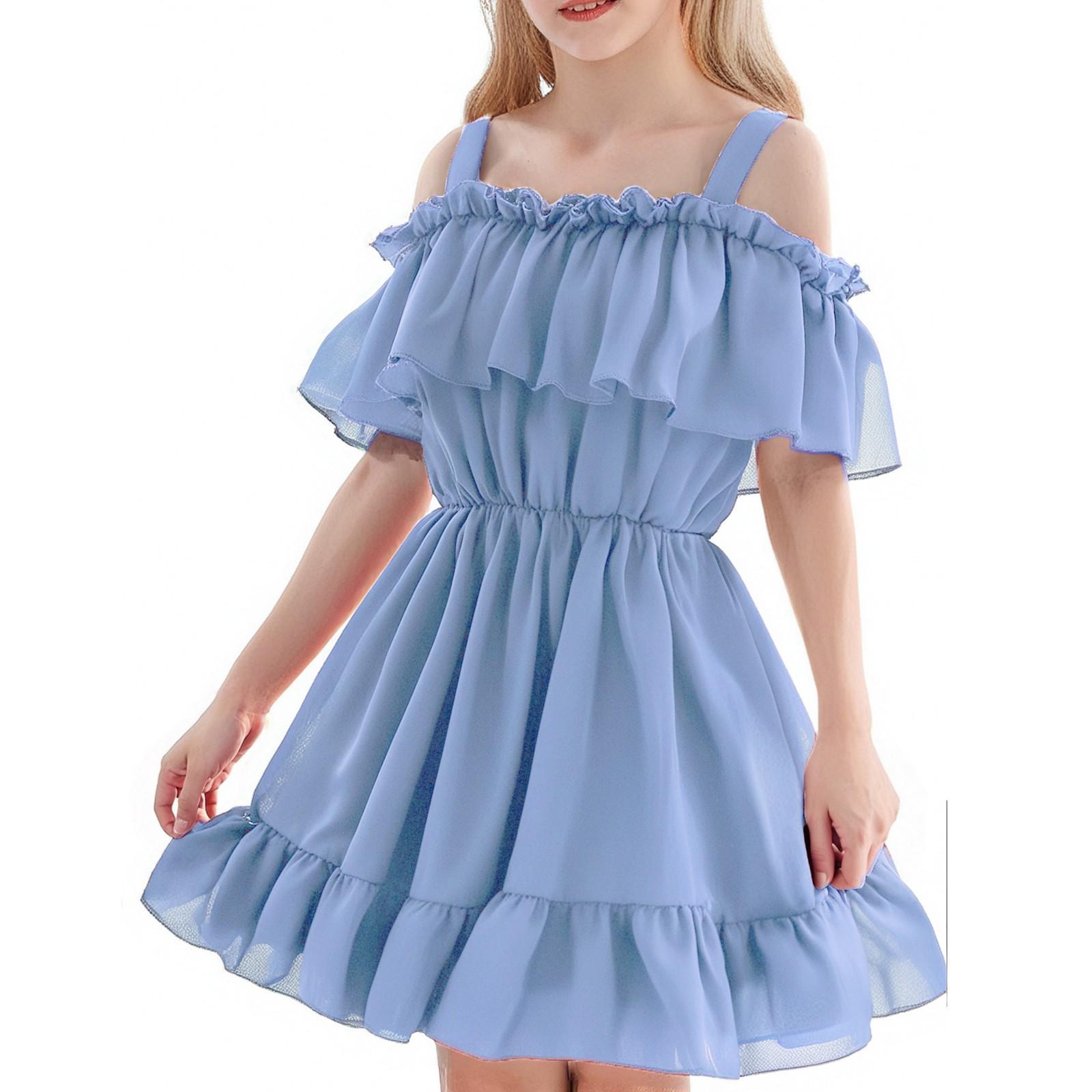 Girls  Summer Dress - One Shoulder Ruffle Hem Sundress 120 синий