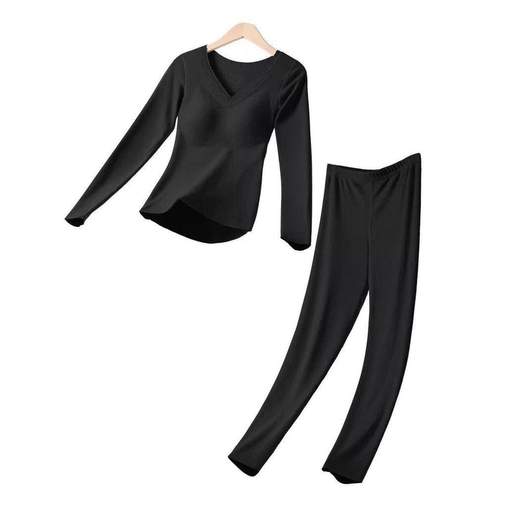 Women’s Cashmere Silk Slimming Underwear Set with Built-In Bra: Warm Cotton-Wool Long Sleeve Top & Bottoms for Autumn/Winter