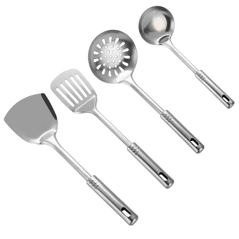 Stainless Steel Cookware: Nine Bead Spatula & Spoon Set - Includes Frying Spatula, Slotted Spoon, Rice Spoon, and Stir-fry Spatula.