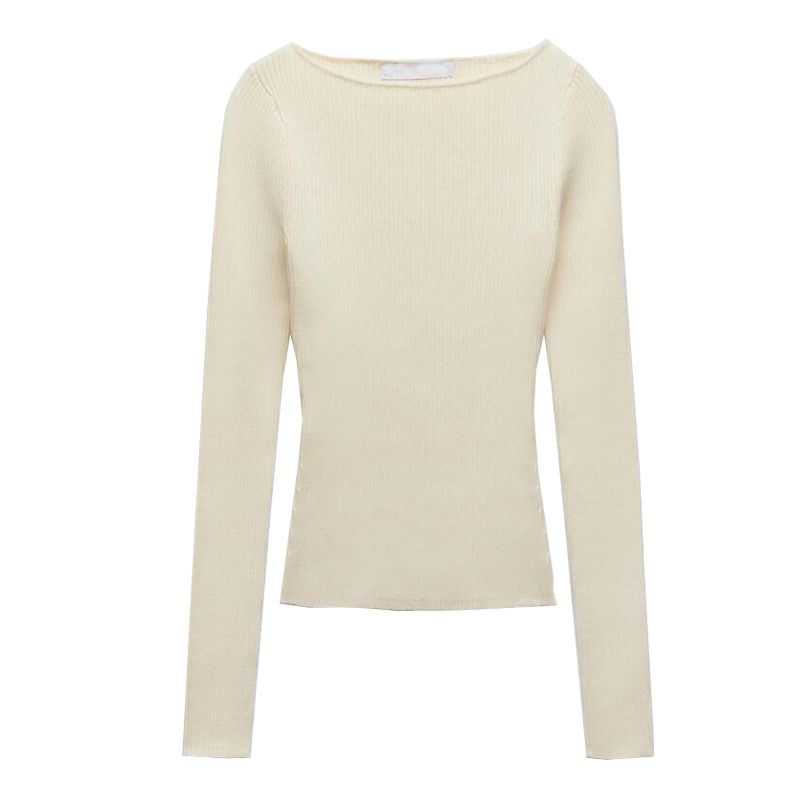 Basic Straight-leg Silm off-Neck Long Sleeves Rib Sweater