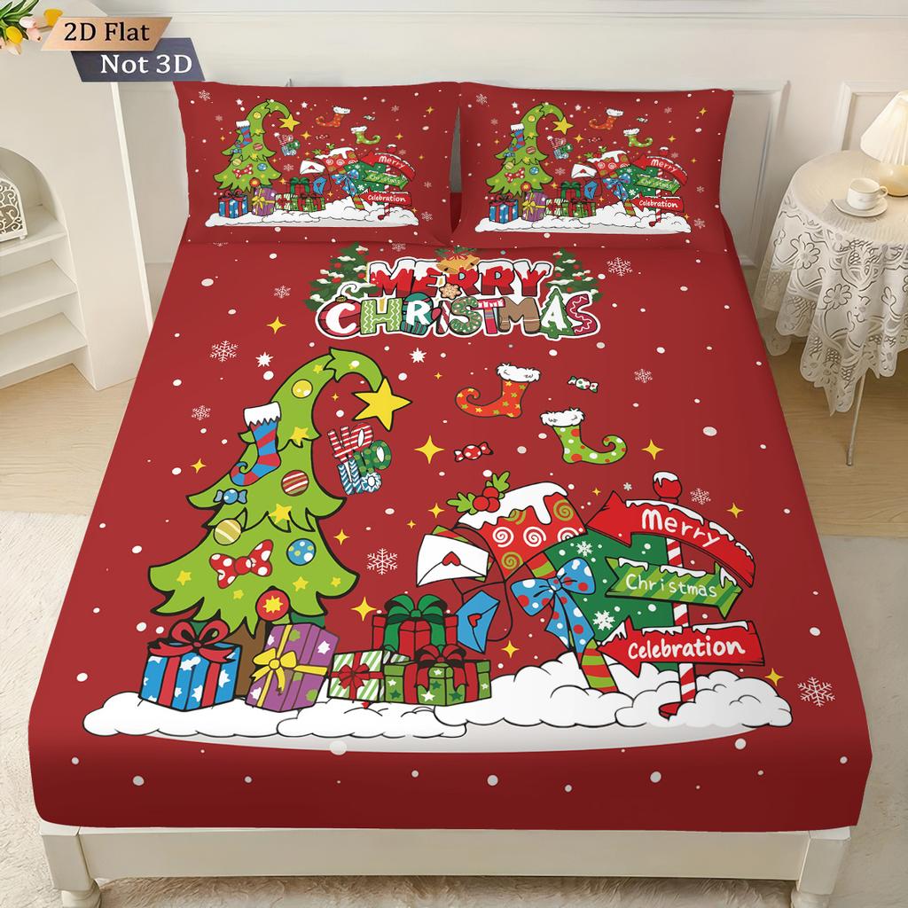 3ks Vánoční strom Abstraktní červený potisk Bezjádrová sada prostěradel Více velikostí Přikrývka na postel Ložnicové povlečení Sváteční dekorace
