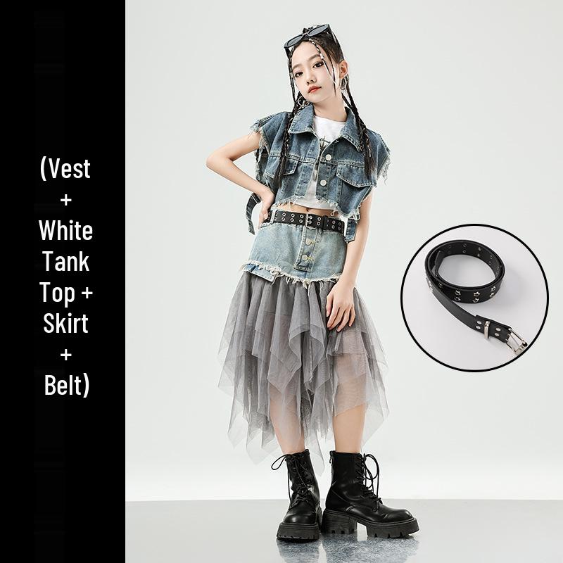 Mädchen Jazz Dance Hip Hop Denim Performance Outfit - Trendiges Kinder Laufsteg Set