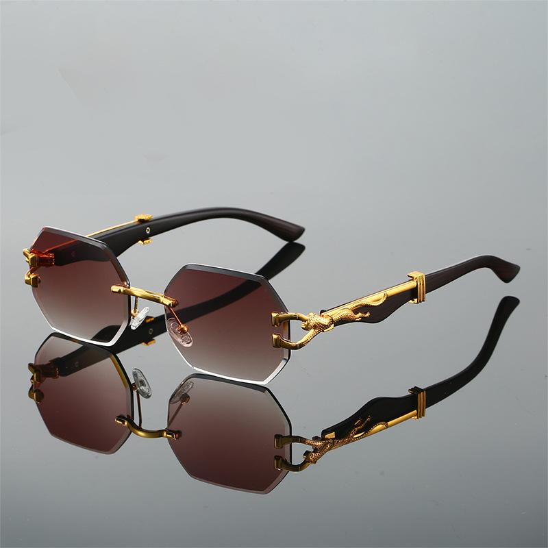 

Vintage Rimless Leopard Head Irregular Sunglasses Multi-Color Gradient Wood Grain Legs Texture Uv400 Sunglasses Eyewear