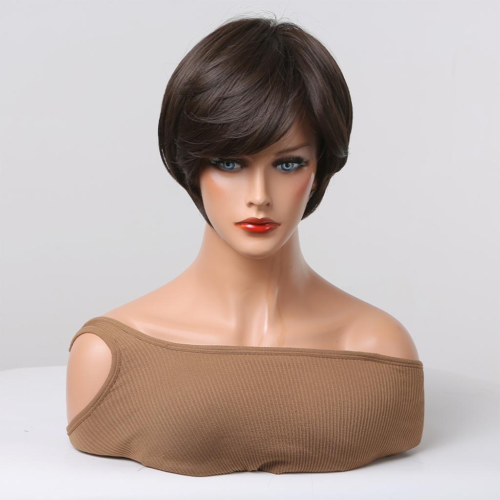 Short Synthetic Wigs Dark Brown Natural Wig with Side Bangs for Women Cosplay Daily Party Pixie Cut Wigs High Temperature Fibre